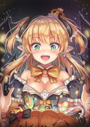 Rule 34 | 10s, 1girl, blonde hair, blush, bow, breasts, candy, cenangam, cleavage, demon horns, earrings, eyelashes, food, green eyes, halloween, highres, horns, idolmaster, idolmaster cinderella girls, jewelry, jougasaki rika, lollipop, long hair, open mouth, pointy ears, puffy short sleeves, puffy sleeves, pumpkin hat, short sleeves, smile, solo, sparkle, two side up