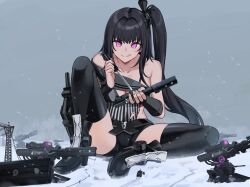 Rule 34 | 1girl, absurdres, architect (girls&#039; frontline), artist request, bare shoulders, black hair, black thighhighs, breasts, cleavage, giant, giantess, girls&#039; frontline, highres, holding, machine, medium breasts, pink eyes, short shorts, shorts, side ponytail, sitting, snow, solo, thighhighs, tongue, tongue out, wariza, weapon, winter