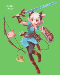 Rule 34 | 1girl, absurdres, black legwear, boots, bow (weapon), cosplay, dated, fingerless gloves, full body, gagame, gloves, green background, highres, holding, holding shield, holding sword, holding weapon, honey strap, hylian shield, link, link (cosplay), nanashi inc., nintendo, orange eyes, pointy ears, sheath, shield, simple background, suou patra, sword, the legend of zelda, the legend of zelda: breath of the wild, v-shaped eyebrows, virtual youtuber, weapon