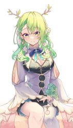 Rule 34 | 1girl, absurdres, antlers, blush, braid, braided bangs, branch, breasts, ceres fauna, colored inner hair, flower, green flower, green hair, green rose, hair flower, hair ornament, highres, holocouncil, hololive, hololive english, horns, large breasts, looking at viewer, multicolored eyes, multicolored hair, rose, shironekokfp, single braid, sitting, solo, two-tone hair, virtual youtuber
