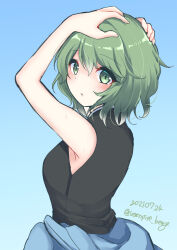 Rule 34 | 1girl, black shirt, blue background, blue jacket, breasts, clothes around waist, commentary request, dated, genderswap, genderswap (otf), gradient background, green eyes, green hair, hands on own head, highres, jacket, jacket around waist, len&#039;en, medium breasts, medium hair, ougi hina, parted lips, shirt, shitodo aoji, simple background, sleeveless, sleeveless shirt, solo, twitter username