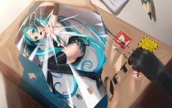 Rule 34 | 1girl, 999 ducati, absurdres, animal, aqua eyes, aqua hair, aqua necktie, armpits, bare shoulders, black skirt, black sleeves, black thighhighs, boots, box, cat, cat paw, commentary request, detached sleeves, furrowed brow, hair ornament, hatsune miku, headphones, headphones removed, highres, in box, in container, logo, long hair, mini person, minigirl, miniskirt, necktie, open mouth, outstretched hand, pencil, pleated skirt, scared, scratches, shirt, skirt, sleeveless, sleeveless shirt, thigh boots, thighhighs, twintails, very long hair, vocaloid, white shirt, wrapping