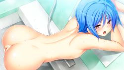 Rule 34 | 1girl, ahoge, anus, ass, back, bathroom, bent over, blue hair, censored, cum, cum in pussy, from above, game cg, hoshi ori yume mirai, mosaic censoring, mutou kurihito, nude, open mouth, ousaka sora, pink eyes, pussy, short hair, solo, wet