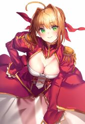 Rule 34 | 10s, 1girl, absurdres, ahoge, aiguillette, blonde hair, breasts, cleavage, dress, epaulettes, fate/extra, fate (series), green eyes, hair intakes, hand on own hip, highres, hiyashi mirano, leaning forward, leotard, nero claudius (fate), nero claudius (fate) (all), nero claudius (fate/extra), red dress, see-through, smile, solo