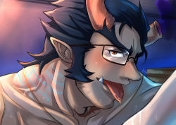 Rule 34 | 1boy, absurdres, bara, beard, blue hair, broken horn, brown-framed eyewear, close-up, collarbone, completely nude, dark blue hair, demon boy, demon horns, facial hair, fang, fiery horns, forked eyebrows, glasses, highres, horns, huge filesize, kageru (mofnyan), long sideburns, looking at viewer, male focus, mature male, muscular, muscular male, nude, point ears, pointy ears, red eyes, saliva, sexually suggestive, short hair, sideburns, smug, solo, stubble, takemaru (housamo), thick eyebrows, tokyo houkago summoners, tongue, tongue out