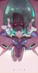 Rule 34 | 1girl, aiming, aiming at viewer, bad id, bad pixiv id, bodysuit, breasts, brown eyes, brown hair, character name, d.va (overwatch), double finger gun, facial mark, finger gun, gloves, headphones, highres, large breasts, long hair, looking at viewer, lying, mecha, meka (overwatch), on back, open mouth, overwatch, overwatch 1, pilot suit, pointing, pointing at viewer, reroi, robot, solo, swept bangs, upside-down, whisker markings, white gloves