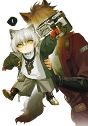 Rule 34 | 2boys, 61037549, animal ears, aosta (arknights), arknights, bishounen, chiave (arknights), cowboy shot, fingerless gloves, full body, gloves, highres, jacket, male focus, multiple boys, nail gun, red gloves, red hair, red jacket, shoes, short hair, shorts, tail, white hair, wolf boy, wolf ears, wolf tail, yellow eyes