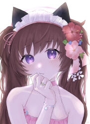 Rule 34 | 1girl, absurdres, blue archive, blush, bracelet, brown hair, closed mouth, film grain, flower, hair flower, hair ornament, halo, hand to own mouth, highres, jewelry, long hair, looking at viewer, portrait, purple eyes, rain (shamo-kun), shizuko (blue archive), shizuko (swimsuit) (blue archive), simple background, solo, swimsuit, twintails, upper body, white background, white headdress