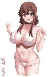 Rule 34 | 1girl, bikini, braid, breasts, brown hair, cowboy shot, green eyes, highres, kantai collection, large breasts, long hair, looking at viewer, noshiro (kancolle), one-hour drawing challenge, open mouth, smile, swimsuit, tf cafe, twin braids, twitter username, white background, white bikini