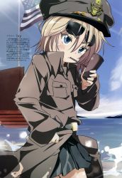 Rule 34 | 1girl, american flag, belt, blonde hair, blue eyes, blue sky, blush, clenched hand, coat, day, douglas macarthur, eyewear on head, flag, genderswap, genderswap (mtf), glasses, hat, highres, holding, holding smoking pipe, ixy, mc axis, military, military hat, military uniform, non-web source, original, outdoors, smoking pipe, pocket, real life, short hair, skirt, sky, solo, star (symbol), sunglasses, text focus, translation request, uniform, wading, water, world war ii