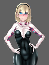 Rule 34 | 1girl, akx90000, animification, blonde hair, blue eyes, blush, bodysuit, breasts, closed mouth, cowboy shot, eyebrows, eyelashes, gloves, grey background, gwen stacy, hair between eyes, hairband, hands on own hips, hood, hooded bodysuit, looking at viewer, marvel, pink lips, short hair, simple background, skin tight, smile, solo, spider-girl, spider-gwen, spider-man (series), spider web print, superhero costume, turtleneck, white gloves