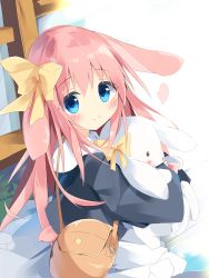 Rule 34 | 1girl, :x, animal ears, bag, black jacket, blue eyes, blush, bow, closed mouth, commentary request, dress, ears down, hair between eyes, hair bow, highres, jacket, kushida you, long hair, long sleeves, looking at viewer, looking to the side, hugging object, original, pink hair, rabbit ears, shoulder bag, sleeves past wrists, smile, solo, standing, stuffed animal, stuffed rabbit, stuffed toy, very long hair, white dress, yellow bow