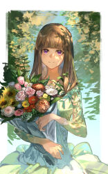 Rule 34 | 1girl, absurdres, bouquet, brown hair, closed mouth, dress, flower, green dress, hands up, highres, holding, holding bouquet, kasumi yuzuha, long sleeves, looking at viewer, medium hair, original, purple eyes, shadow, smile, solo, sunlight, tree, upper body