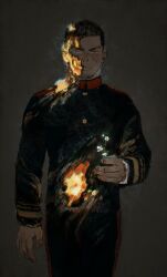 Rule 34 | 1boy, black hair, black jacket, black pants, burning, chengongzi123, closed mouth, collared jacket, cowboy shot, facial hair, flower, goatee, golden kamuy, grey background, grey eyes, hand up, highres, holding, holding flower, jacket, long sleeves, looking at viewer, male focus, military uniform, pants, short hair, simple background, standing, tsukishima hajime, uniform, very short hair, white flower