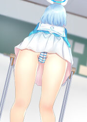 Rule 34 | 1girl, arona (blue archive), blue archive, blue hair, from behind, from below, halo, panties, ribbon, rikatan, school uniform, serafuku, skirt, solo, striped, table, thighs, underwear, white ribbon, white skirt