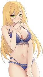 Rule 34 | 1girl, blonde hair, blue bra, blue panties, blush, bra, breasts, dokibird (vtuber), frilled panties, frills, green eyes, hair between eyes, hair down, highres, indie virtual youtuber, lace, lace-trimmed bra, lace trim, large breasts, lingerie, long hair, looking at viewer, multi-strapped panties, navel, panties, see-through, simple background, solo, stomach, underwear, underwear only, virtual youtuber, vonshia, white background