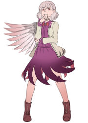 Rule 34 | 1girl, boots, full body, grey hair, highres, kishin sagume, mefomefo, parted lips, red eyes, short hair, simple background, single wing, smirk, solo, stance, touhou, wings