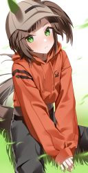 Rule 34 | 1girl, absurdres, animal ears, black pants, blush, brown hair, brown hat, closed mouth, commentary request, ear covers, ears through headwear, grass, green eyes, hat, highres, horse ears, horse girl, horse tail, ines fujin (umamusume), jacket, long sleeves, looking at viewer, ningen mame, orange jacket, pants, short hair, single ear cover, solo, tail, umamusume