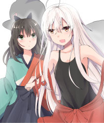 Rule 34 | 2girls, ahoge, bare shoulders, black bow, black hair, black shirt, blue hakama, blush, bow, breasts, chiya (urara meirochou), closed mouth, collarbone, commentary request, cowboy shot, green eyes, hair between eyes, hair bow, hakama, hakama skirt, halterneck, hekishiru, highres, hip vent, japanese clothes, kimono, kurou (urara meirochou), long hair, long sleeves, looking at another, medium breasts, multicolored clothes, multicolored kimono, multiple girls, open mouth, red eyes, red skirt, shirt, sidelocks, skirt, sleeveless, sleeveless shirt, standing, tatsumi kon, urara meirochou, white background, white hair, wide sleeves
