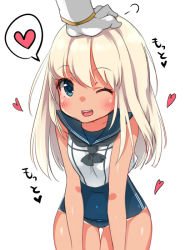 Rule 34 | 10s, 1boy, 1girl, ;), admiral (kancolle), blonde hair, blue eyes, blush, gloves, head pat, heart, kantai collection, kuritomo, long hair, one eye closed, headpat, ro-500 (kancolle), school uniform, simple background, smile, swimsuit, swimsuit under clothes, tan, tanline, white background, white gloves