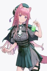 Rule 34 | 1girl, :3, animal ears, beret, black skirt, blush, braid, breasts, capelet, closed mouth, commentary, cowboy shot, dress shirt, drink, drinking straw, energy drink, grey shirt, harness, hat, hat ribbon, highres, holding, holding drink, long hair, long shirt, looking at viewer, medium breasts, necktie, original, oversized clothes, oversized shirt, pink eyes, pink hair, pink tail, pleated skirt, pouch, ribbon, saino misaki, shirt, side slit, simple background, single braid, skirt, smile, solo, straight hair, symbol-only commentary, tail, thigh pouch, white background, wind, wolf ears, wolf girl, wolf tail
