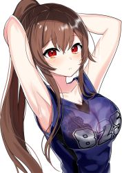 Rule 34 | .live, 1girl, :&lt;, armpits, arms behind head, arms up, bad id, bad pixiv id, bare arms, bare shoulders, black bra, blue shirt, blush, bra, breasts, brown hair, cleavage, closed mouth, clothes writing, collarbone, hair between eyes, jersey, lace, lace-trimmed bra, lace trim, large breasts, long hair, looking at viewer, motsunuki, ponytail, red eyes, see-through, shirt, sidelocks, simple background, sleeveless, sleeveless shirt, solo, sportswear, sweat, underwear, upper body, virtual youtuber, wet, wet clothes, wet shirt, white background, yaezawa natori
