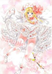 Rule 34 | arim0k0, blonde hair, blue eyes, bow, cherry blossoms, dress, flower, frills, hat, highres, lily white, long hair, open mouth, petals, sample watermark, touhou, traditional media, underwear, watermark, wide sleeves, wings