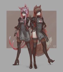 Rule 34 | 2b (nier:automata), 2b (nier:automata) (cosplay), 2girls, animal ears, black dress, blazblue, blindfold, boots, breasts, brown hair, cat ears, cat tail, cleavage cutout, clothing cutout, cosplay, ddrake13, dress, feather-trimmed sleeves, hand on own hip, high heel boots, high heels, highres, holo, kokonoe (blazblue), medium breasts, multiple girls, multiple tails, nekomata, nier:automata, nier (series), pink hair, smile, spice and wolf, tail, thigh boots, thighhighs, thighhighs under boots, two tails, v, wolf ears, wolf tail
