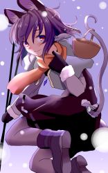 Rule 34 | 1girl, adapted costume, animal ears, basket, black gloves, boots, brown dress, brown eyes, capelet, dowsing rod, dress, gem, gloves, grey hair, highres, holding, holding with tail, ishikkoro, jewelry, jumping, looking at viewer, mouse (animal), mouse ears, mouse tail, nazrin, necklace, pendant, prehensile tail, scarf, smile, snowing, solo, tail, touhou, x x