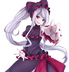 Rule 34 | 1girl, bow, breasts, commentary request, dress, fang, fingernails, frilled dress, frills, gothic lolita, lolita fashion, long hair, looking at viewer, medium breasts, nail polish, overlord (maruyama), ponytail, red eyes, shalltear bloodfallen, sharp fingernails, silver hair, simple background, smile, solo, to kinji, vampire, very long hair, white background