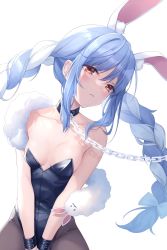 Rule 34 | 1girl, animal ear fluff, animal ears, bare shoulders, bdsm, between legs, black pantyhose, blue hair, blush, bondage, bound, braid, breasts, chain, chain leash, chocofox, cleavage, closed mouth, collar, collarbone, commentary request, fur shawl, hand between legs, head tilt, highres, hololive, leash, long hair, looking at viewer, mixed-language commentary, multicolored hair, pantyhose, rabbit ears, red eyes, shawl, sidelocks, simple background, sitting, slave, smile, solo, thick eyebrows, twin braids, two-tone hair, usada pekora, very long hair, virtual youtuber, white background, white hair