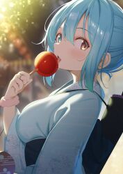 Rule 34 | 1girl, alternate costume, blue eyes, blue hair, blue kimono, blurry, blurry background, candy apple, commentary request, food, heterochromia, highres, holding, holding food, japanese clothes, kimono, outdoors, piyodesu, red eyes, short hair, solo, tatara kogasa, touhou, upper body