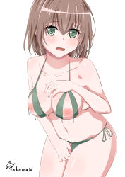 Rule 34 | 10s, 1girl, absurdres, artist name, bang dream!, between legs, blush, bra, breasts, brown hair, collarbone, crotchless, crotchless panties, green bra, green eyes, green panties, hand between legs, hand on own chest, highres, looking at viewer, medium breasts, navel, nippleless clothes, nipples, open mouth, panties, sakamata (sakamata4), short hair, side-tie panties, simple background, sitting, solo, underwear, white background, yamato maya