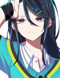 Rule 34 | 1girl, :|, black hair, blue eyes, blue shirt, buttons, close-up, closed mouth, collared shirt, expressionless, hair between eyes, hair ornament, hairpin, hand on own head, highres, holding, holding own hair, hoshino ichika (project sekai), layered shirt, long hair, looking at viewer, portrait, project sekai, ritzchrono, shirt, sidelocks, simple background, solo, straight-on, straight hair, white background, white shirt