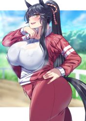 Rule 34 | 1girl, animal ears, belly, black hair, blurry, blush, breasts, curvy, depth of field, highres, horse ears, horse girl, horse tail, huge breasts, jacket, kandata nijou, long hair, narita brian (umamusume), open clothes, open jacket, plump, ponytail, shirt, sidelocks, smile, solo, steaming body, sweat, tail, track suit, umamusume, v-shaped eyebrows, very long hair, white shirt, yellow eyes