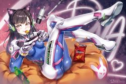 Rule 34 | 1girl, animal ear headphones, animal ears, axent wear, black hair, bodysuit, brown eyes, cat ear headphones, controller, d.va (overwatch), doritos, facial mark, fake animal ears, food, game controller, headphones, long hair, lying, md5 mismatch, microphone, mouth hold, on back, overwatch, overwatch 1, pilot suit, redrawn, resolution mismatch, revision, ribbed bodysuit, robot cat (robotcatart), solo, source smaller, swept bangs, whisker markings