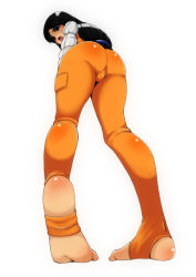 Rule 34 | 00s, 1girl, ass, barefoot, black eyes, black hair, blush, bodysuit, brown hair, fat mons, feet, final fantasy, final fantasy ix, from behind, from below, full body, garnet til alexandros xvii, kneepits, leaning forward, leggings, legs, long hair, long legs, looking at viewer, looking back, looking down, no shoes, open mouth, pink.s, simple background, skin tight, soles, solo, standing, stirrup legwear, toeless legwear, toes, trefoil, white background