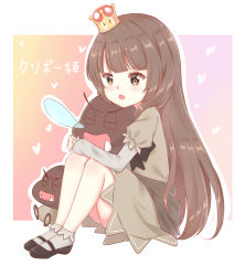 Rule 34 | 1girl, :o, black footwear, blunt bangs, blush, bobby socks, brown eyes, brown hair, brown shirt, brown skirt, closed eyes, commentary request, crown, fangs, full body, goomba, grey legwear, heart, highres, hug, light (luxiao deng), long hair, long sleeves, looking at viewer, mario (series), mini crown, new super mario bros. u deluxe, nintendo, nose bubble, open mouth, outline, personification, shirt, shoes, sitting, skirt, sleeping, socks, super crown, tilted headwear, translation request, v-shaped eyebrows, very long hair, white outline