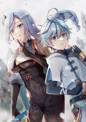 Rule 34 | 1boy, 1girl, absurdres, age difference, artist request, aunt and nephew, blue hair, child, chinese clothes, chongyun (genshin impact), close-up, commentary request, genshin impact, hair between eyes, height difference, highres, shenhe (genshin impact), short hair, snow, winter