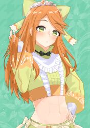 Rule 34 | 1girl, abs, absurdres, blush, bow, commentary request, crop top, etie (fire emblem), fire emblem, fire emblem engage, green background, green bow, green eyes, green shirt, hair bow, hand on own hip, highres, keaworks, long hair, looking at viewer, midriff, navel, nintendo, orange hair, parted lips, shirt, solo, stomach, tiara, upper body, very long hair