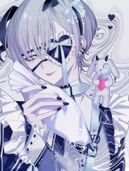 Rule 34 | 1boy, alare32446233, belt, bishounen, black nails, blush, ear piercing, earrings, eyepatch, fangs, frilled eyepatch, frilled sleeves, frills, grey eyes, heart, heart eyepatch, highres, holding, jewelry, long sleeves, looking at viewer, maid, male focus, nail polish, o-ring, o-ring belt, original, piercing, short hair, sleeve cuffs, solo, stud earrings, upper body, white hair