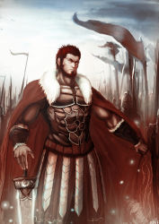 Rule 34 | 1boy, absurdres, armor, army, bad id, bad pixiv id, beard, cape, facial hair, fate/stay night, fate/zero, fate (series), flag, helmet, highres, iskandar (fate), k.n.f, male focus, outdoors, polearm, pteruges, red eyes, red hair, short hair, sky, soldier, solo, spear, standing, sword, weapon