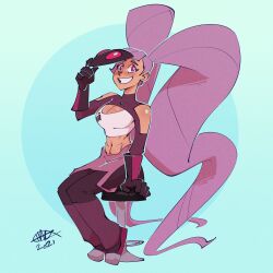 Rule 34 | 1girl, abs, absurdly long hair, aqua background, black gloves, black pants, bra, breasts, bright pupils, cleavage, clothing cutout, dated, entrapta, full body, gloves, hagfish, hand up, highres, long hair, mask lift, medium breasts, navel, pants, parted lips, purple eyes, she-ra and the princesses of power, shoulder cutout, signature, sitting, smile, solo, stool, twintails, underwear, very long hair, white bra, white pupils