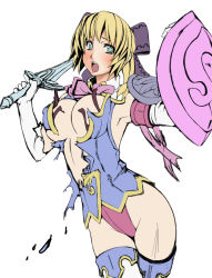 Rule 34 | 1girl, armpits, blonde hair, blue eyes, blush, boots, breasts, cassandra alexandra, elbow gloves, gloves, large breasts, metadora, necktie, no pants, pink necktie, ribbon, shield, solo, soul calibur, soulcalibur, soulcalibur iv, sword, thigh boots, thighhighs, torn clothes, weapon