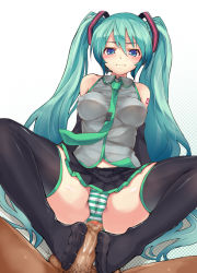 Rule 34 | 1boy, 1girl, aqua hair, bare shoulders, bikkii, black thighhighs, blue eyes, blush, breasts, cameltoe, censored, clothed female nude male, clothed sex, collared shirt, covered erect nipples, crotch, dark-skinned male, dark skin, detached sleeves, feet, footjob, foreskin, green panties, halftone, halftone background, happy sex, hatsune miku, headset, hetero, large breasts, light smile, long hair, looking at viewer, male pubic hair, midriff peek, miniskirt, mosaic censoring, necktie, no shoes, nude, panties, penis, pleated skirt, pov, pubic hair, pussy juice, pussy juice stain, shirt, sitting, skirt, sleeveless, sleeveless shirt, smegma, smile, solo focus, spread legs, striped clothes, striped panties, tattoo, taut clothes, testicles, thighhighs, twintails, underwear, very long hair, vocaloid, wet, wet clothes, wet panties, white panties