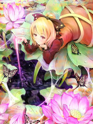 Rule 34 | 1girl, blonde hair, bow, bug, butterfly, dress, female focus, flower, hair bow, bug, kurodani yamame, lily pad, lotus, nature, outdoors, red eyes, sai-go, short hair, silk, solo, spider web, touhou