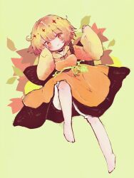 Rule 34 | 1girl, aki shizuha, apron, autumn leaves, barefoot, blonde hair, brown background, dress, full body, highres, leaf, light smile, maple leaf, mokumoku22, red apron, smile, solo, star (symbol), touhou, wide sleeves, yellow dress, yellow eyes