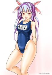 Rule 34 | 1girl, arms behind back, blue hair, blue one-piece swimsuit, blunt bangs, commentary request, covered navel, cowboy shot, hair ribbon, highleg, highleg swimsuit, i-19 (kancolle), kantai collection, kudou (ooabareteng), long hair, one-hour drawing challenge, one-piece swimsuit, open mouth, red eyes, ribbon, school swimsuit, solo, swimsuit, tri tails