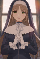 Rule 34 | 1girl, absurdres, blush, breasts, brown hair, day, emu (emum), gloves, hands up, highres, indoors, long hair, looking at viewer, medium breasts, nijisanji, nun, open mouth, ribbon, sister claire, sister claire (1st costume), solo, traditional nun, virtual youtuber, white ribbon