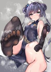 Rule 34 | 1girl, absurdres, black dress, black gloves, black hair, blue archive, breasts, butterfly hair ornament, cameltoe, china dress, chinese clothes, cleft of venus, covered erect nipples, double bun, dragon print, dress, gloves, grey eyes, hair bun, hair ornament, halo, highres, holding, kisaki (blue archive), long hair, looking at viewer, mashiropp, partially visible vulva, pelvic curtain, print dress, sleeveless, sleeveless dress, small breasts, soles, solo, steam, sweat, thighs, twintails